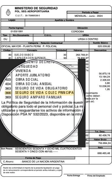 Recibo de haberes de la Policía de Seguridad Aeroportuaria con la línea del seguro de vida colectivo, código 366, ampliada